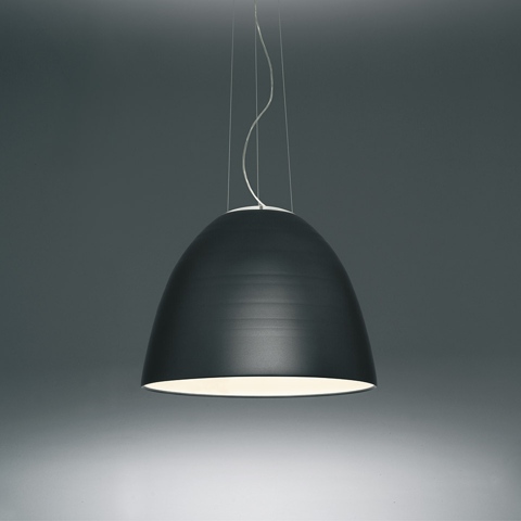 Artemide Nur pendant lamp with large dark grey dome-shaped shade, white interior, suspended by thin cables