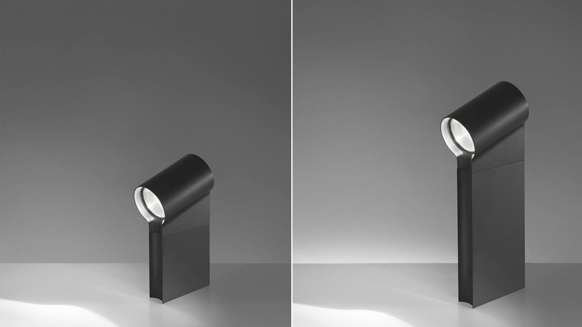 Lampada paletto Artemide Oblique in due altezze: versioni bassa e alta in finitura scura, testa cilindrica rotante che proietta luce direzionale