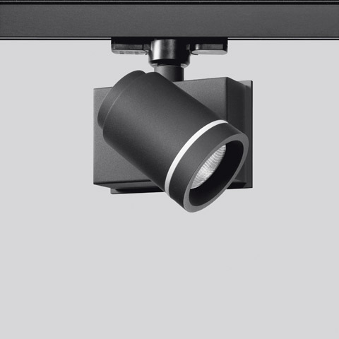 Faretto da binario Artemide Picto 70 in nero opaco, testa cilindrica con ottica LED, montato su sistema a binario a soffitto