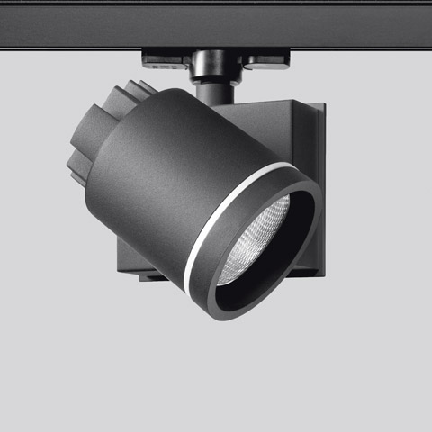 Faretto da binario Artemide Picto 100 nero con testa cilindrica LED orientabile montata su sistema a binario