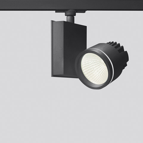 Artemide Picto 125 High Flux black track spotlight with adjustable cylindrical LED head mounted on a rail system