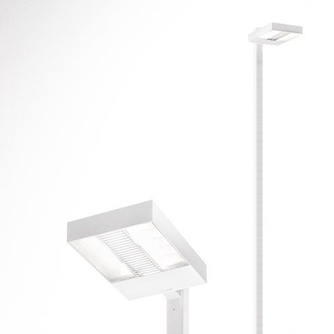 Artemide Provoca outdoor LED pole lamp in white, featuring a rectangular head with louvered diffuser, shown in two heights
