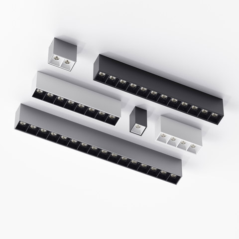 Lampade da soffitto lineari LED Artemide Sharp SMD in finiture bianche e nere, varie lunghezze, con moduli multi-spot incassati
