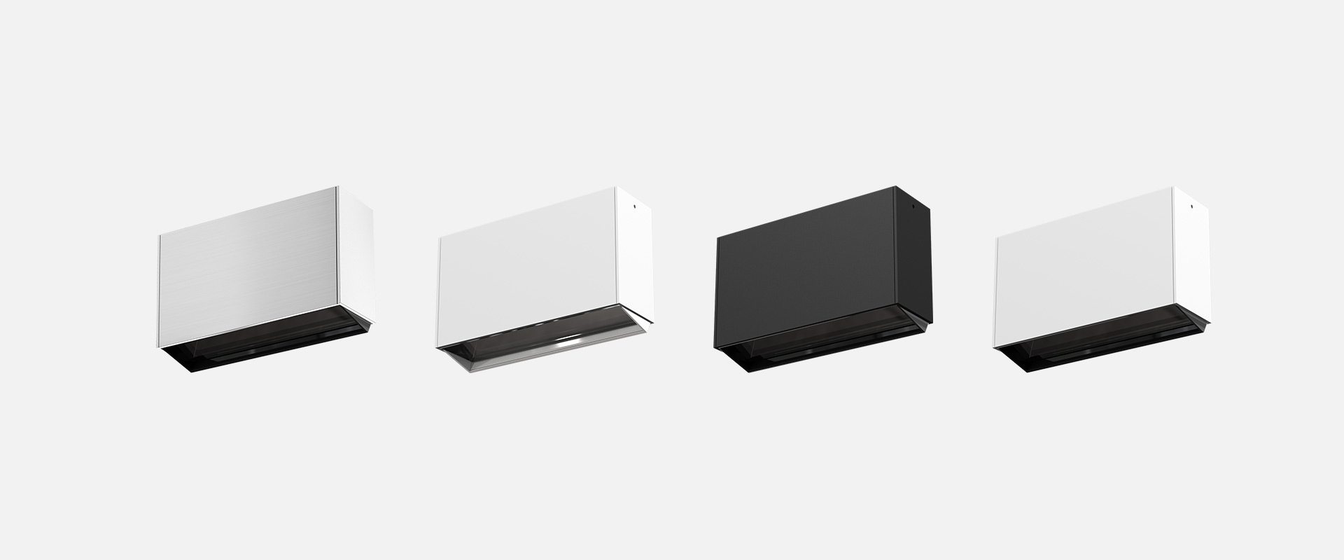 Quattro plafoniere Artemide Sharp Wallwasher SMD in due versioni bianche e due nere, forma rettangolare con apertura rivolta verso il basso