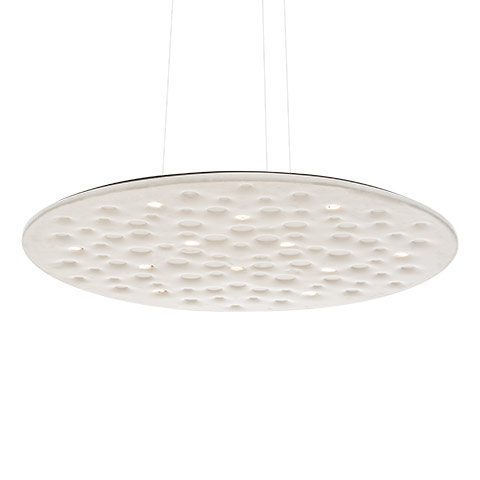 Artemide Silent Field 2.0 pendant lamp: large white disc with honeycomb-patterned dimples housing LED lights, suspended by thin cables