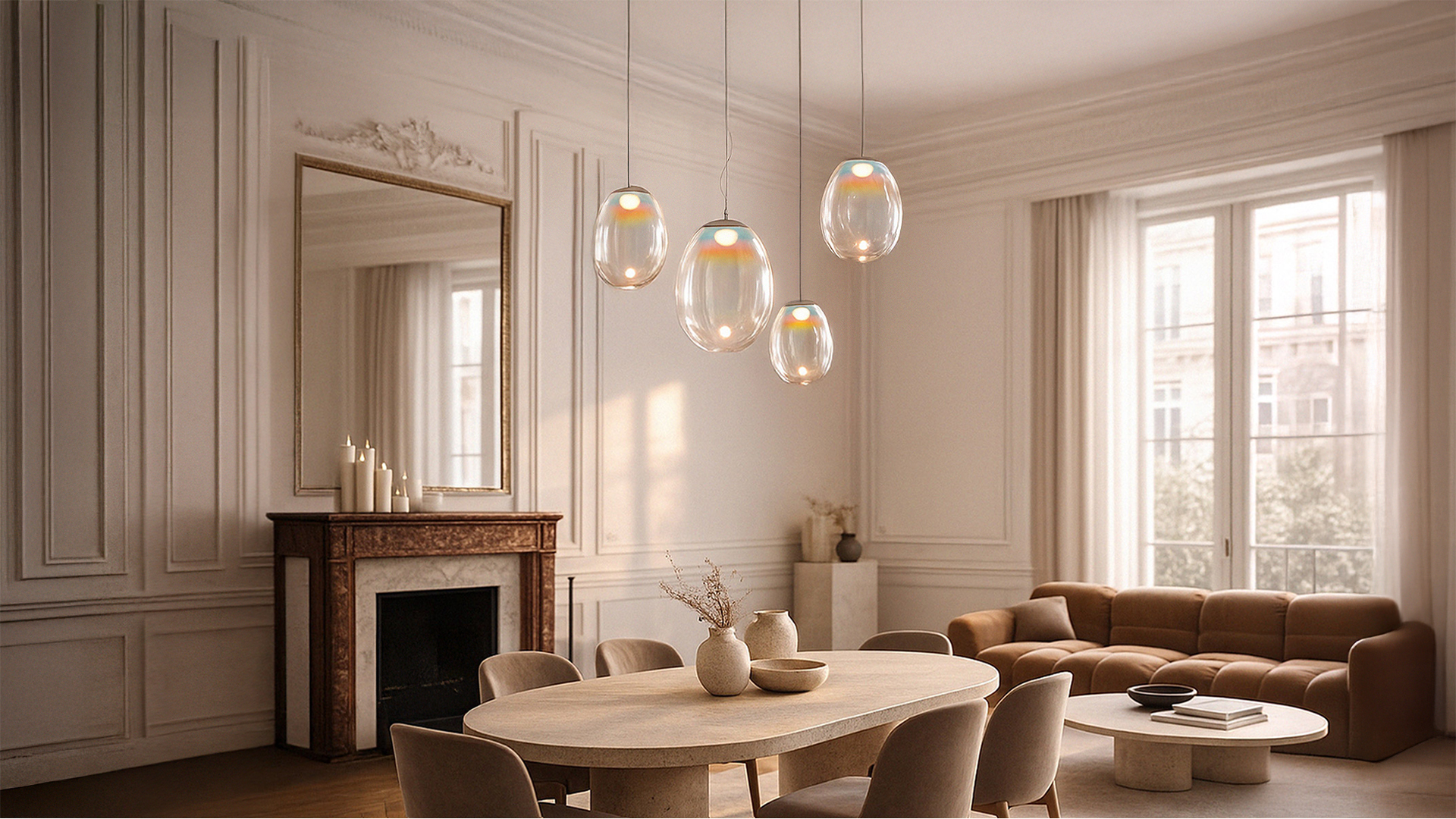 Sala da pranzo elegante con quattro lampade a sospensione Artemide Stellar Nebula con diffusori in vetro iridescente sopra un tavolo ovale in legno.