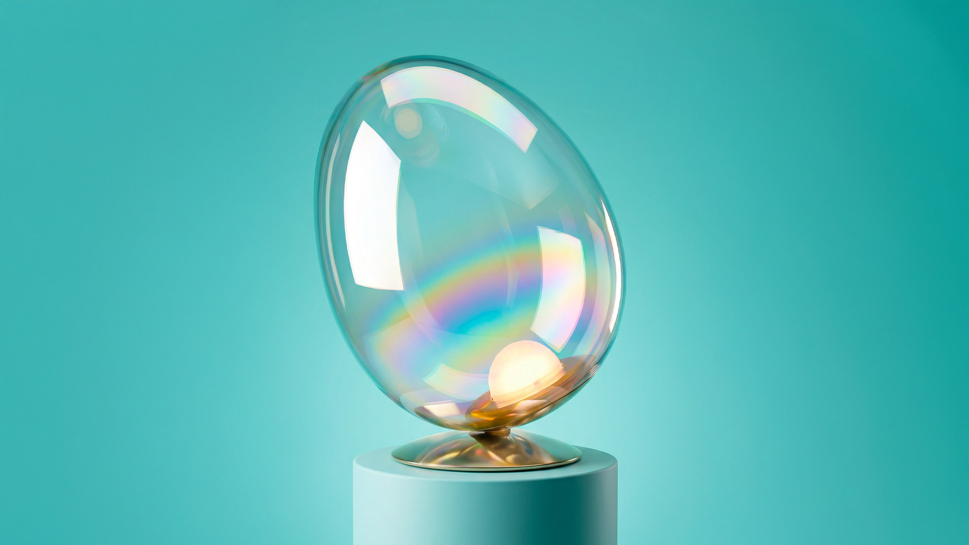 Lampada da tavolo Artemide Stellar Nebula, sfera in vetro iridescente che emette luce calda, proiettando ombre luminose sulla parete accanto a piante tropicali