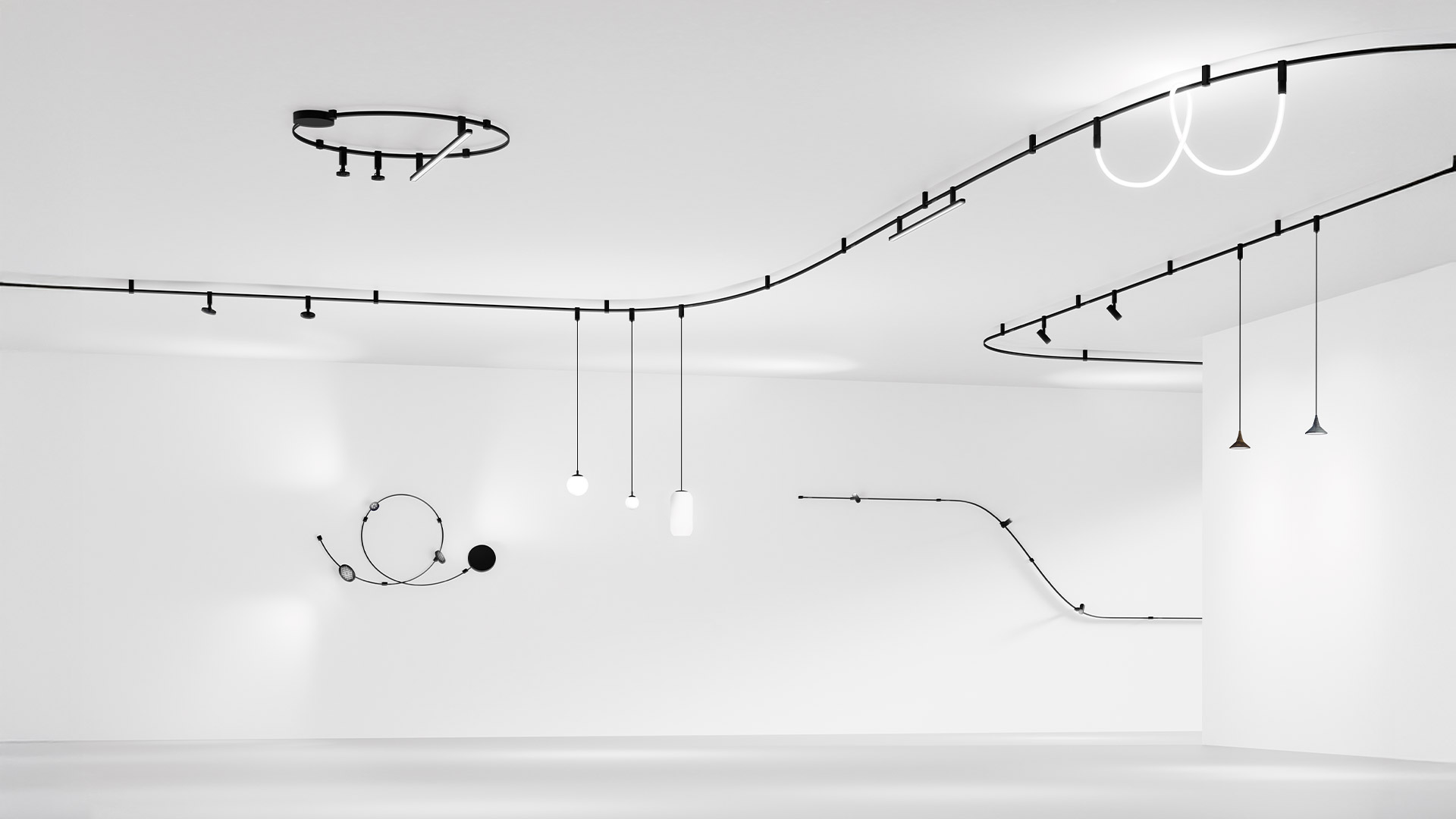 Lampada da parete Artemide Sylt Stand Alone: struttura circolare in filo nero con due dischi LED e una base rotonda nera