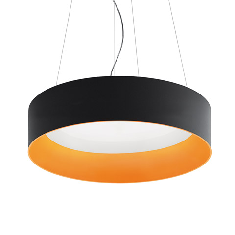 Tagora Sospensione 970 pendant lamp: large circular drum shade, matte black exterior, warm orange interior, white diffuser base