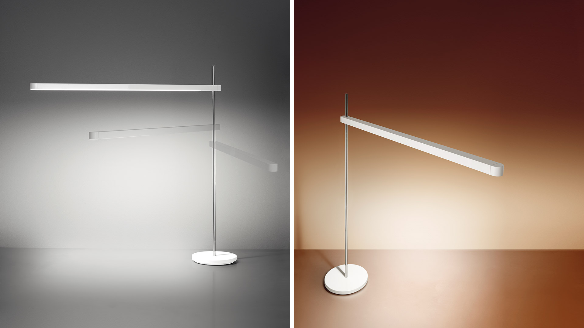Artemide Talak Professional Table lamp with slim horizontal LED bar on chrome stem, illuminating a modern desk with decorative objects