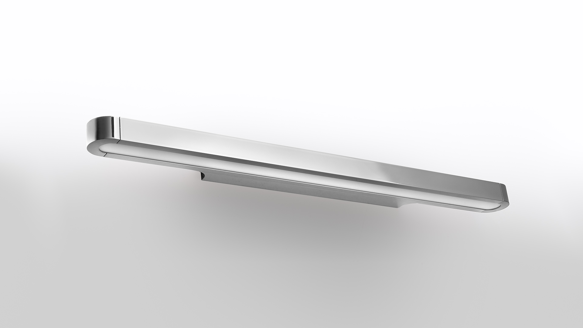 Artemide Talo wall lamp: sleek horizontal LED bar in brushed aluminum and chrome finish, mounted on white wall