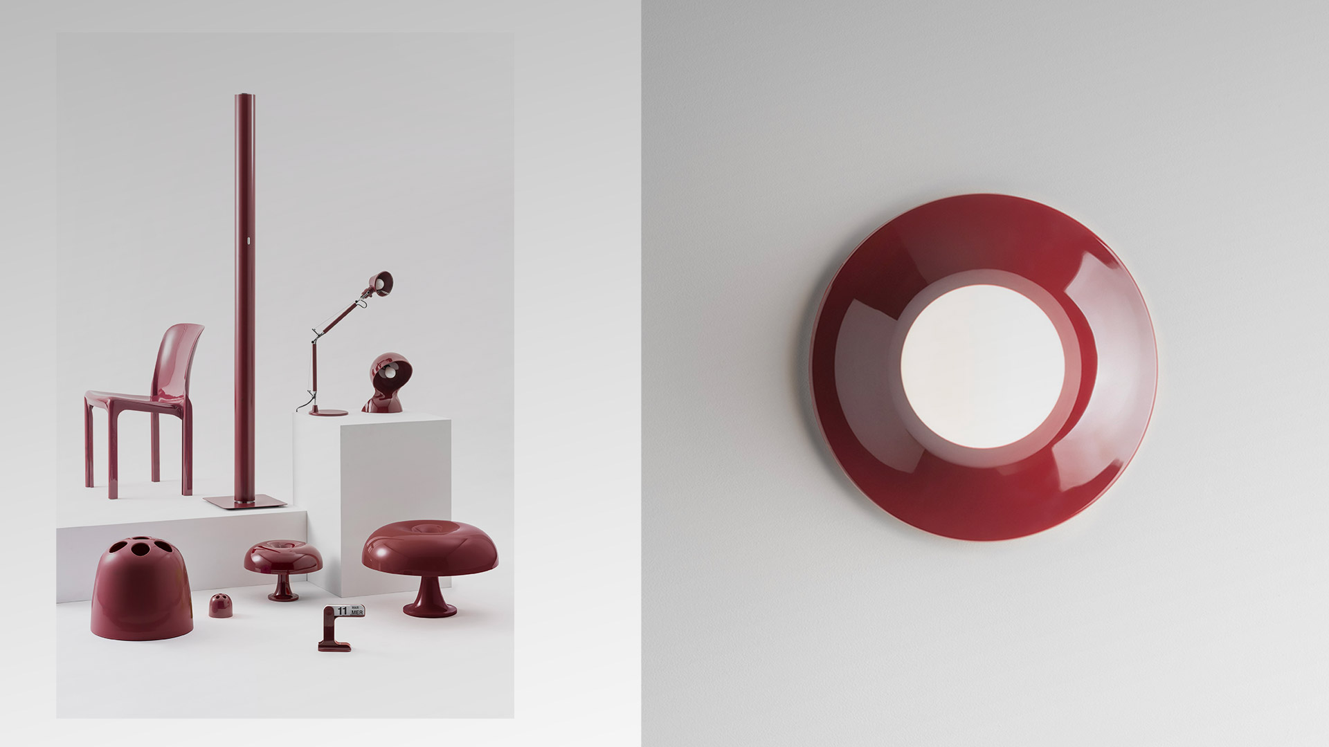 Artemide Teti wall lamp with burgundy red glossy disc-shaped diffuser and exposed opal globe bulb mounted on white wall