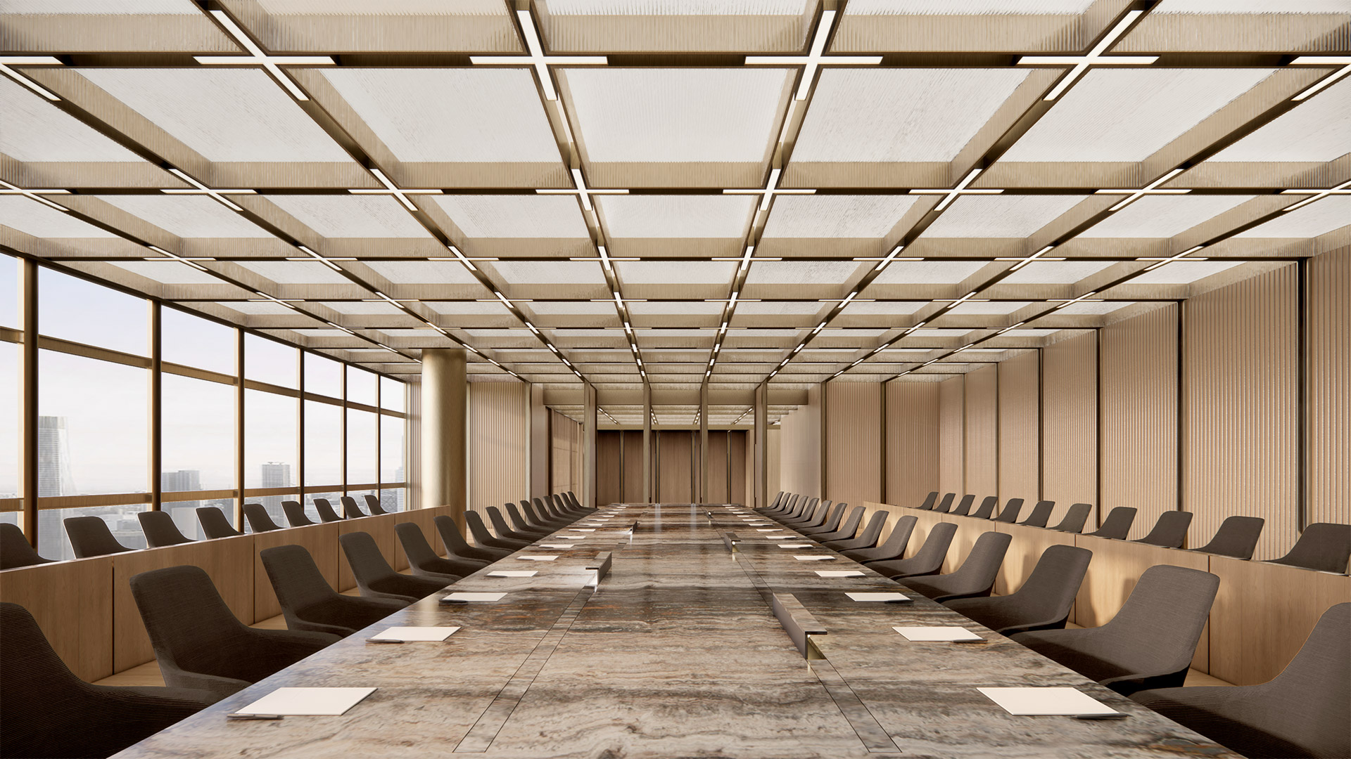 Elegant conference room with long marble table, warm wood paneling, and Artemide Tetras recessed linear lighting integrated into a coffered ceiling grid