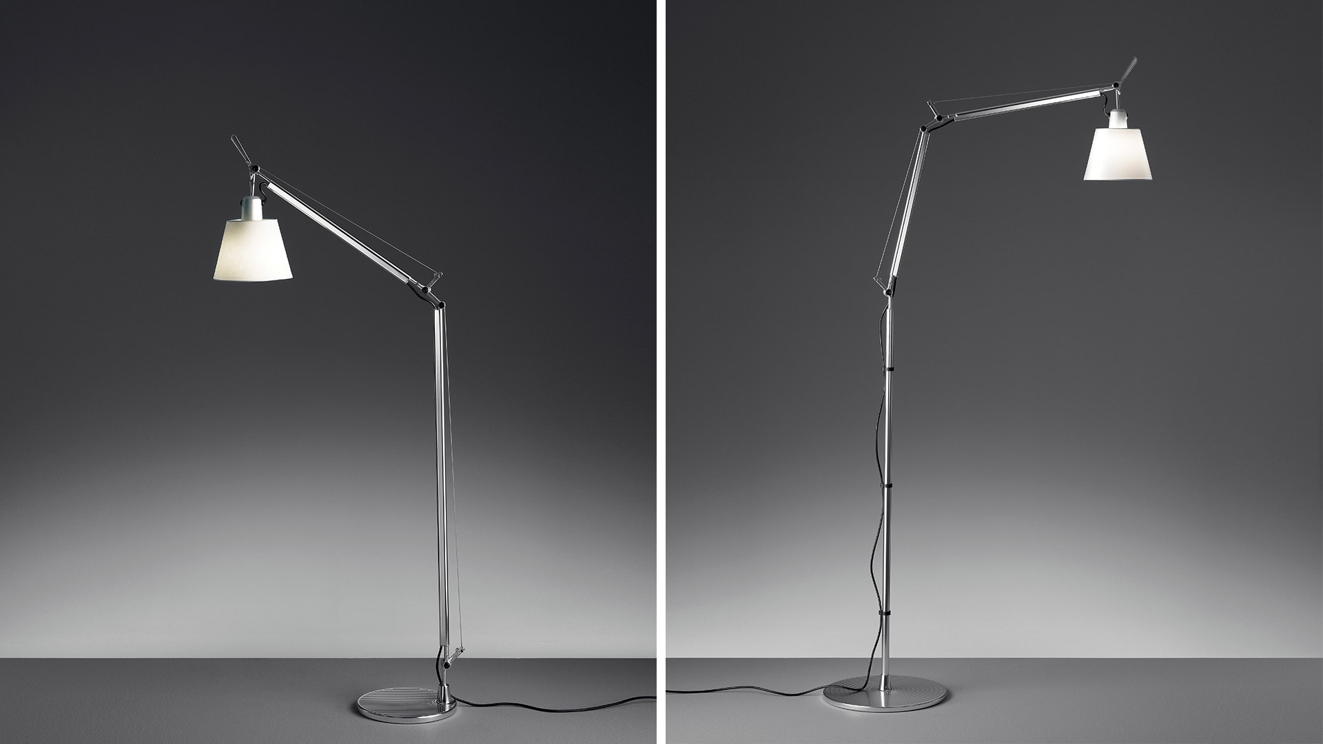 Lampada da terra Artemide Tolomeo Basculante Terra in due posizioni: braccio esteso orizzontale e verticale, con struttura in alluminio e paralume conico bianco