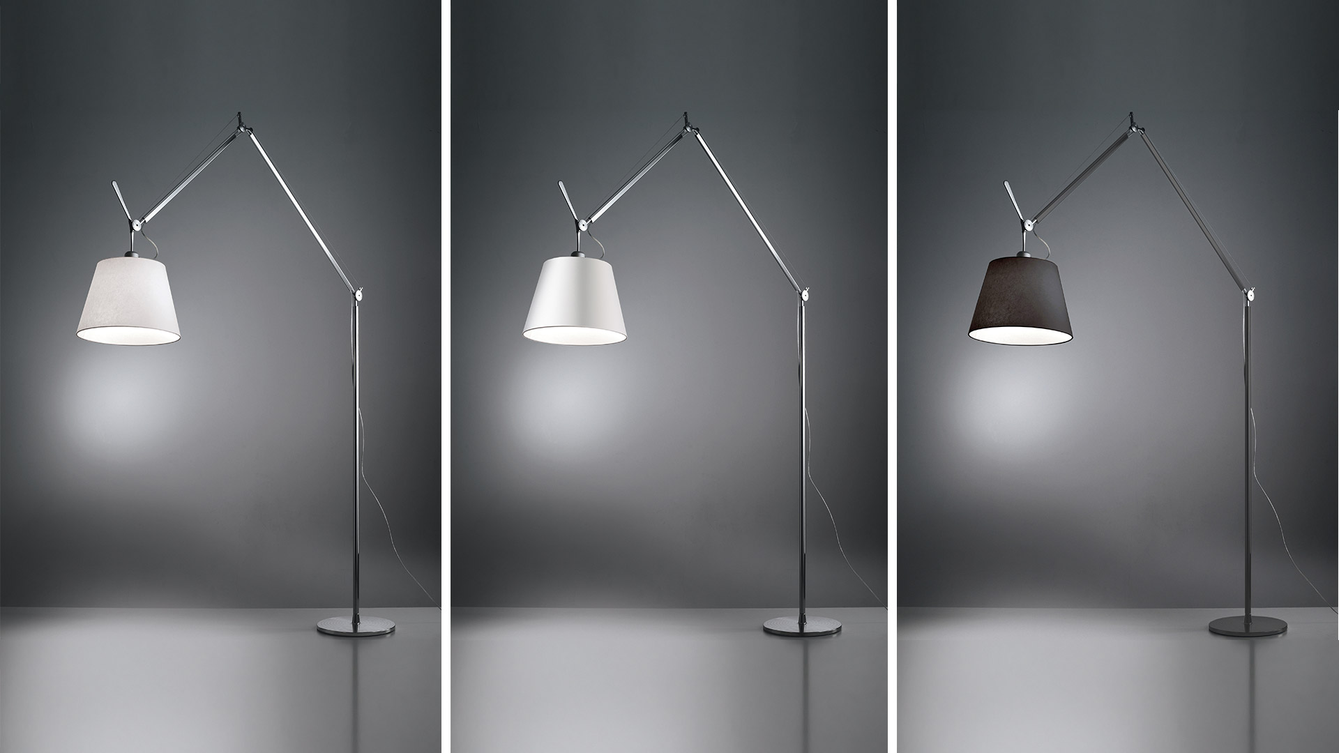 Elegante sala ristorante con lampade da terra Artemide Tolomeo Mega Terra con paralumi bianchi e installazione luminosa circolare a soffitto
