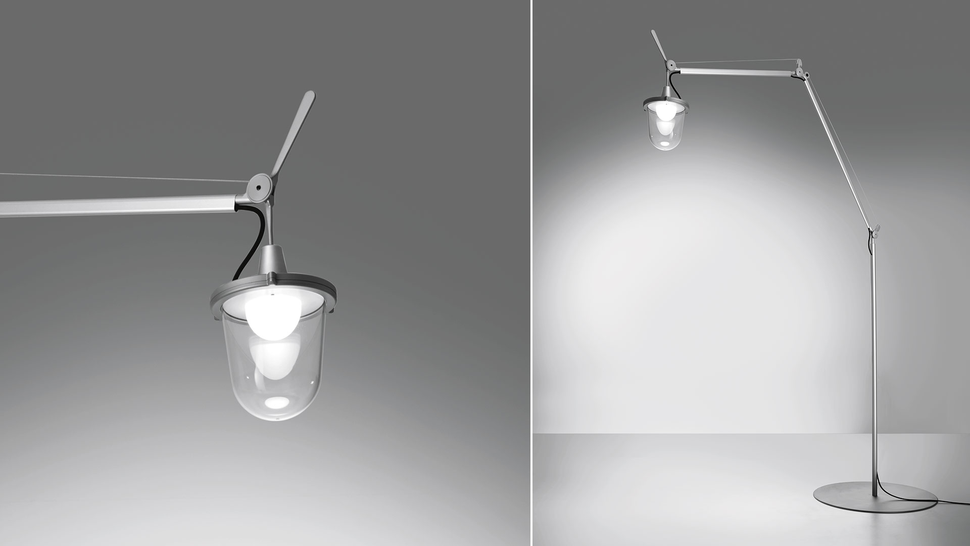 Lampada a sospensione Artemide Tolomeo Outdoor: diffusore a campana in vetro trasparente con bulbo opale, struttura in alluminio, sospesa da cavo nero