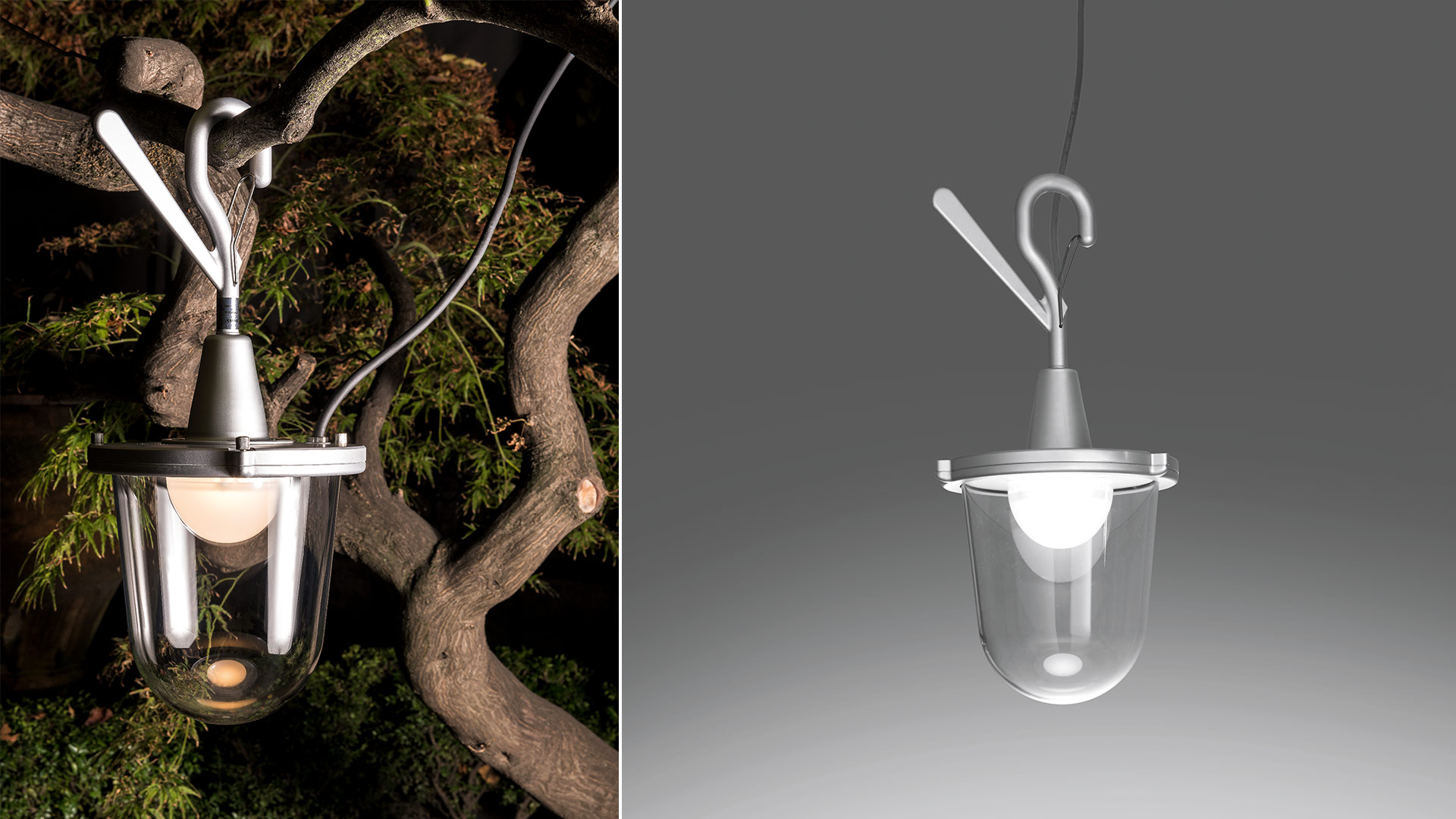Lampada da parete Artemide Tolomeo Lampione Outdoor in alluminio argento con diffusore in vetro trasparente su parete bianca accanto a pianta verde
