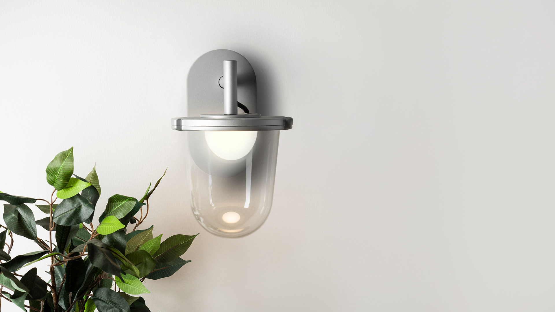 Lampada da terra Artemide Tolomeo Lampione Outdoor: braccio in alluminio regolabile con paralume a lanterna in vetro trasparente, mostrata in dettaglio e vista completa