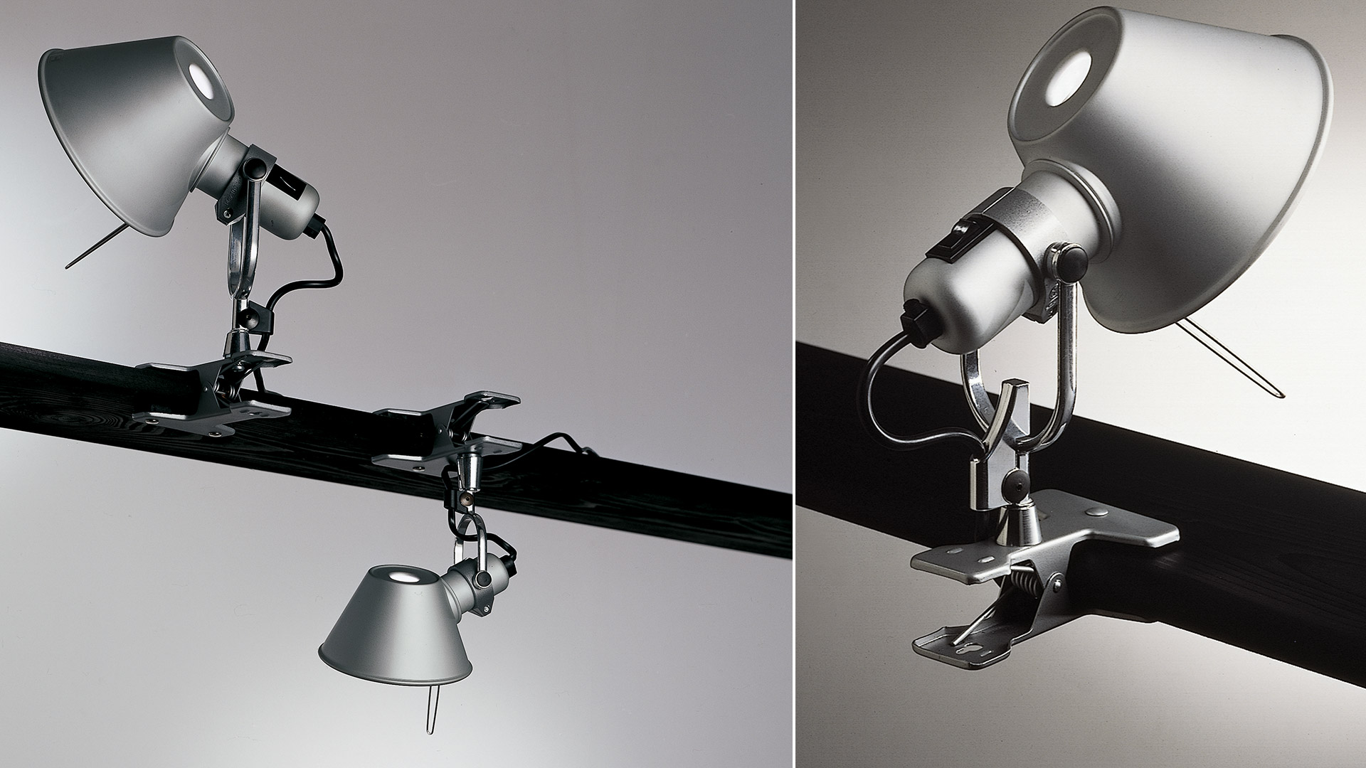 Lampada da tavolo a morsetto Artemide Tolomeo Pinza in alluminio, mostrata da due angolazioni, con braccio regolabile e paralume conico fissato a una superficie.