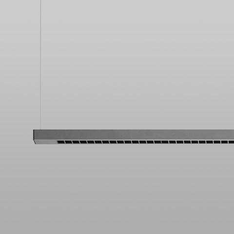 Artemide Turn Around Sospensione: sottile lampada a sospensione lineare orizzontale in alluminio grigio con fessure direzionali a lamelle equidistanti