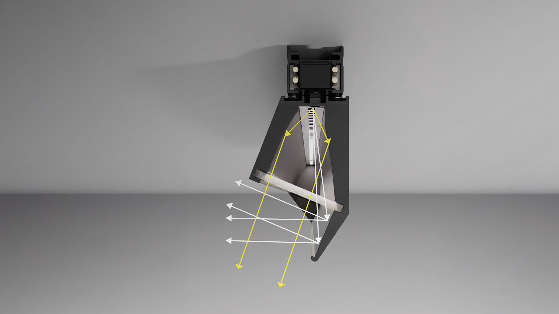 Diagramma di un faretto da binario nero con percorsi del fascio luminoso: frecce gialle indicano luce diretta, frecce bianche mostrano luce riflessa da specchio angolato.