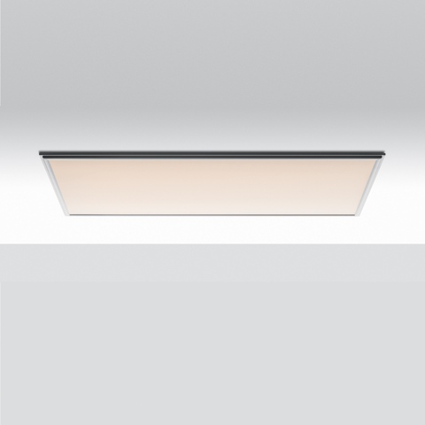 Pannello LED da soffitto rettangolare Artemide Uglare 19 con diffusore bianco e sottile cornice scura, montaggio a plafone.