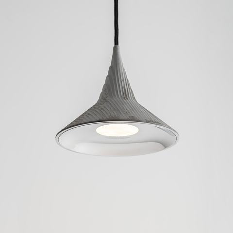 Artemide Unterlinden pendant lamp with flared textured grey shade and polished inner reflector, suspended by a black cord