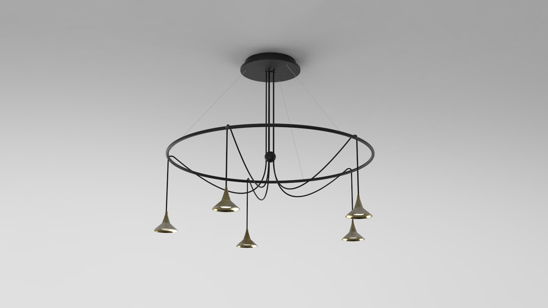 Lampada da terra Unterlinden di Artemide: due paralumi a cono svasato su struttura nera a V, sinistra nervata argento, destra dorata, entrambe con pinnacolo