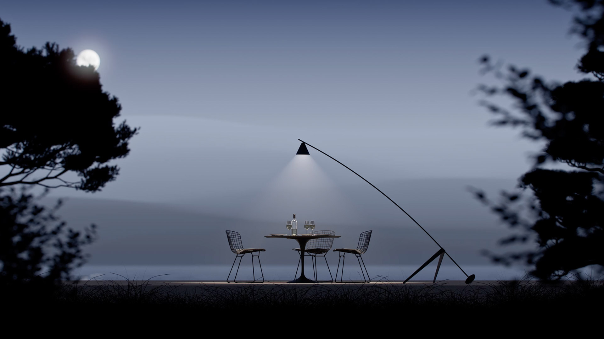Lampada da terra Artemide Vea con paralume conico grigio rivolto verso il basso e due riflettori a disco curvo su sottile stelo metallico