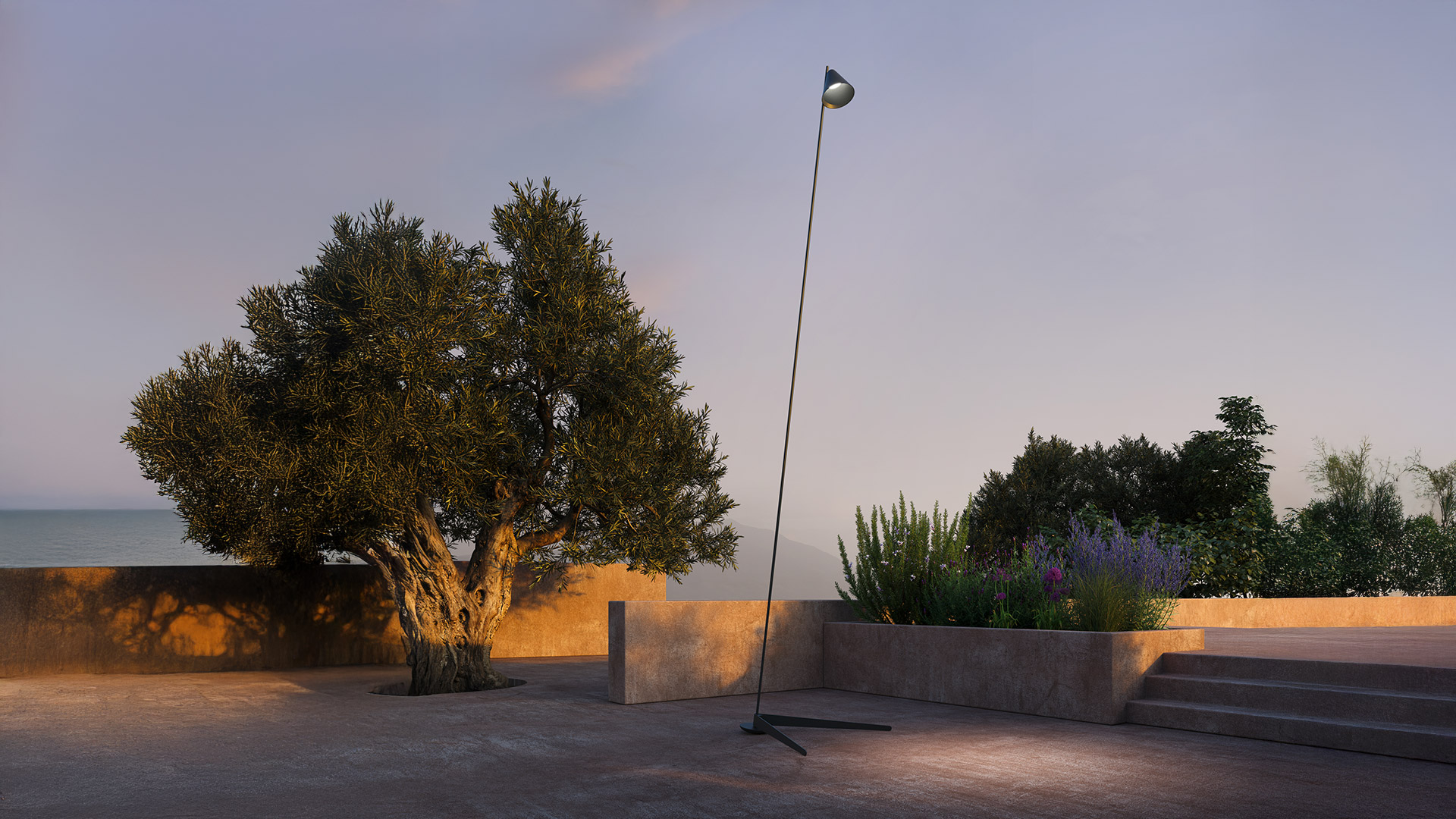Lampada da terra Artemide Vea con sottile stelo diagonale e piccola testa LED, riflessa su superficie a specchio con cielo al tramonto