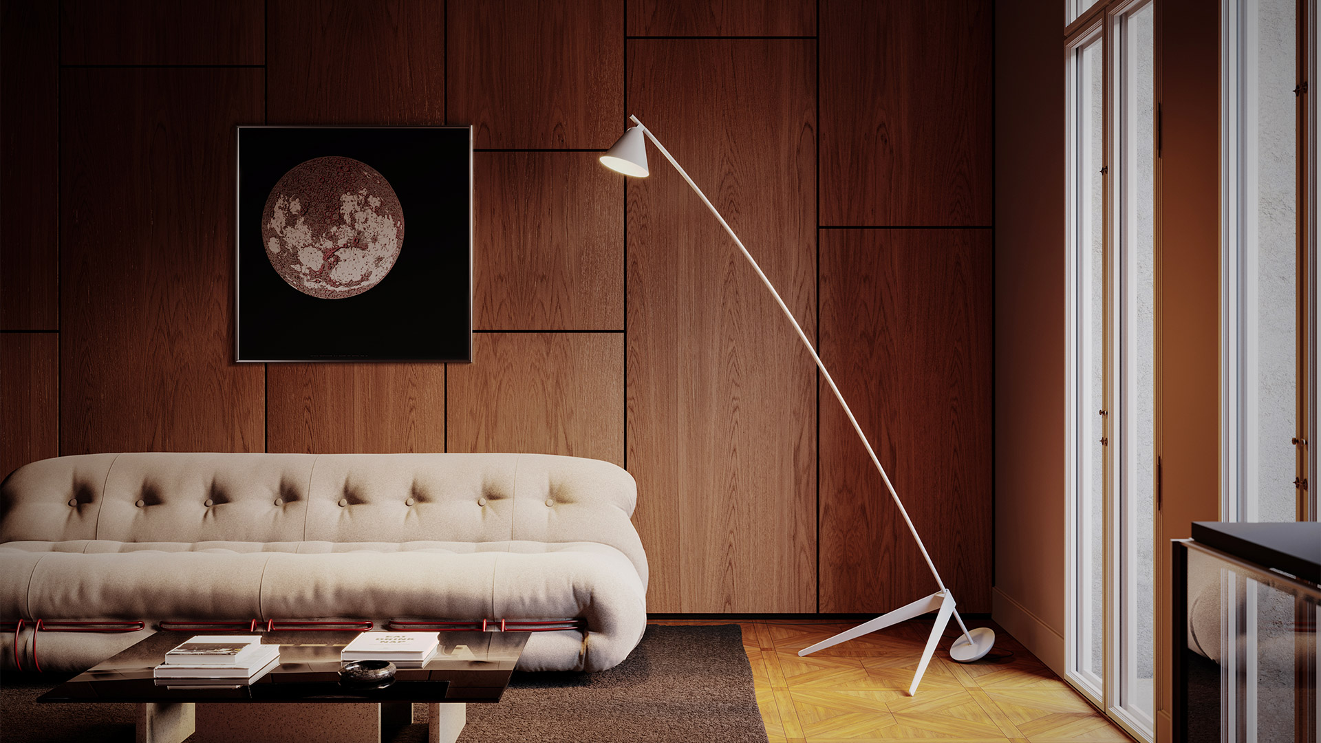 Lampada da terra Artemide Vea bianca, con stelo inclinato e paralume conico, accanto a una poltrona in pelle e tavolino rotondo