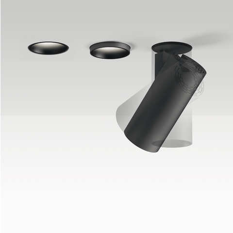Artemide Vector Recessed spotlight in black, shown in three positions: fully recessed, semi-extended, and fully extended at an angle