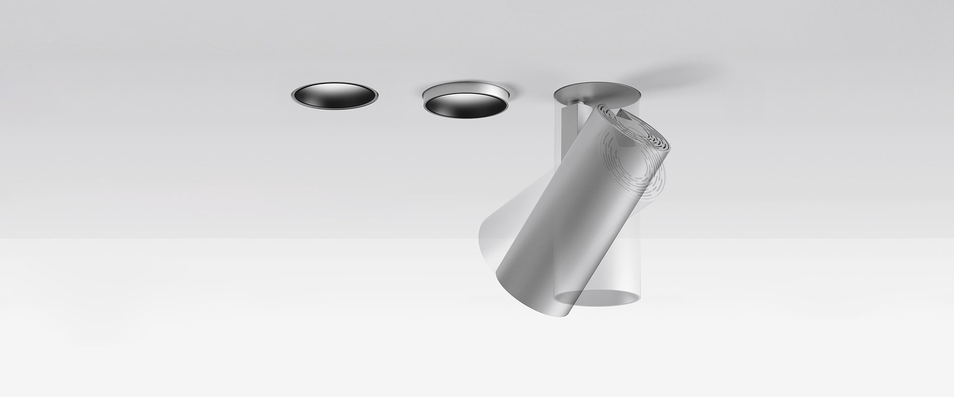 Faretti da soffitto Artemide Vector Recessed: due versioni a incasso filo soffitto e un apparecchio bianco orientabile inclinato