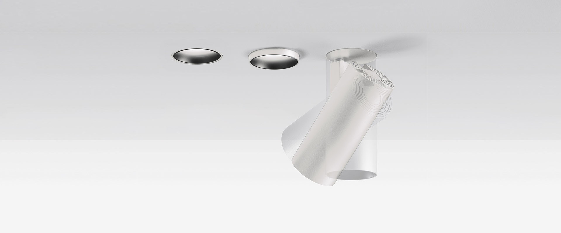 Faretto da incasso Artemide Vector Recessed nero opaco, mostrato in tre configurazioni: a filo, semi-incassato e cilindro orientabile completamente esteso