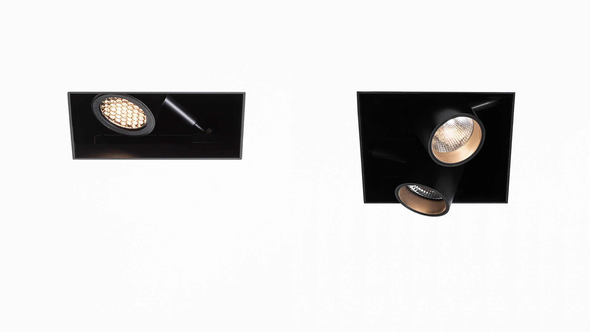 Diagram comparing Artemide Vector recessed spotlight: left trim version with visible frame, right trimless version flush with ceiling