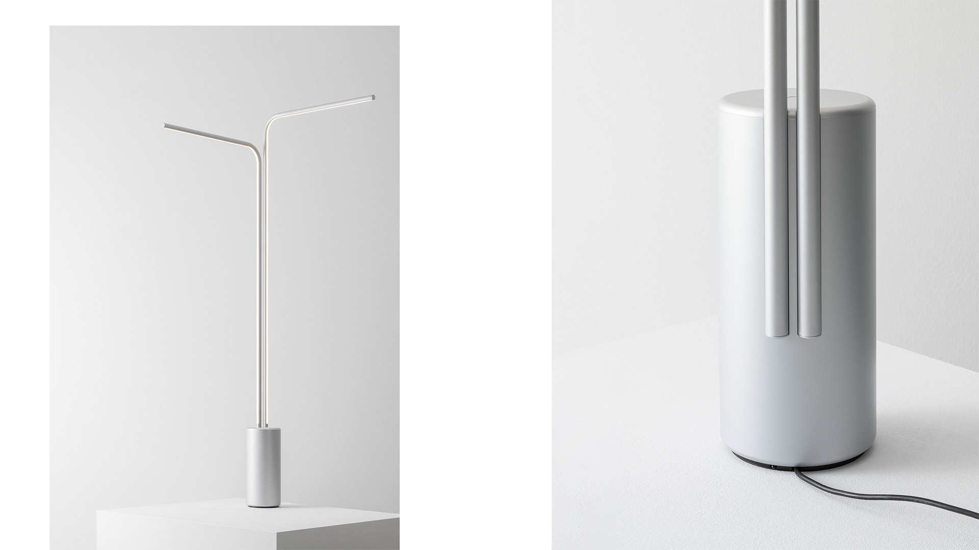 Artemide Veil pendant lamp: chrome cylindrical body with multiple radiating slim white LED arms suspended from ceiling