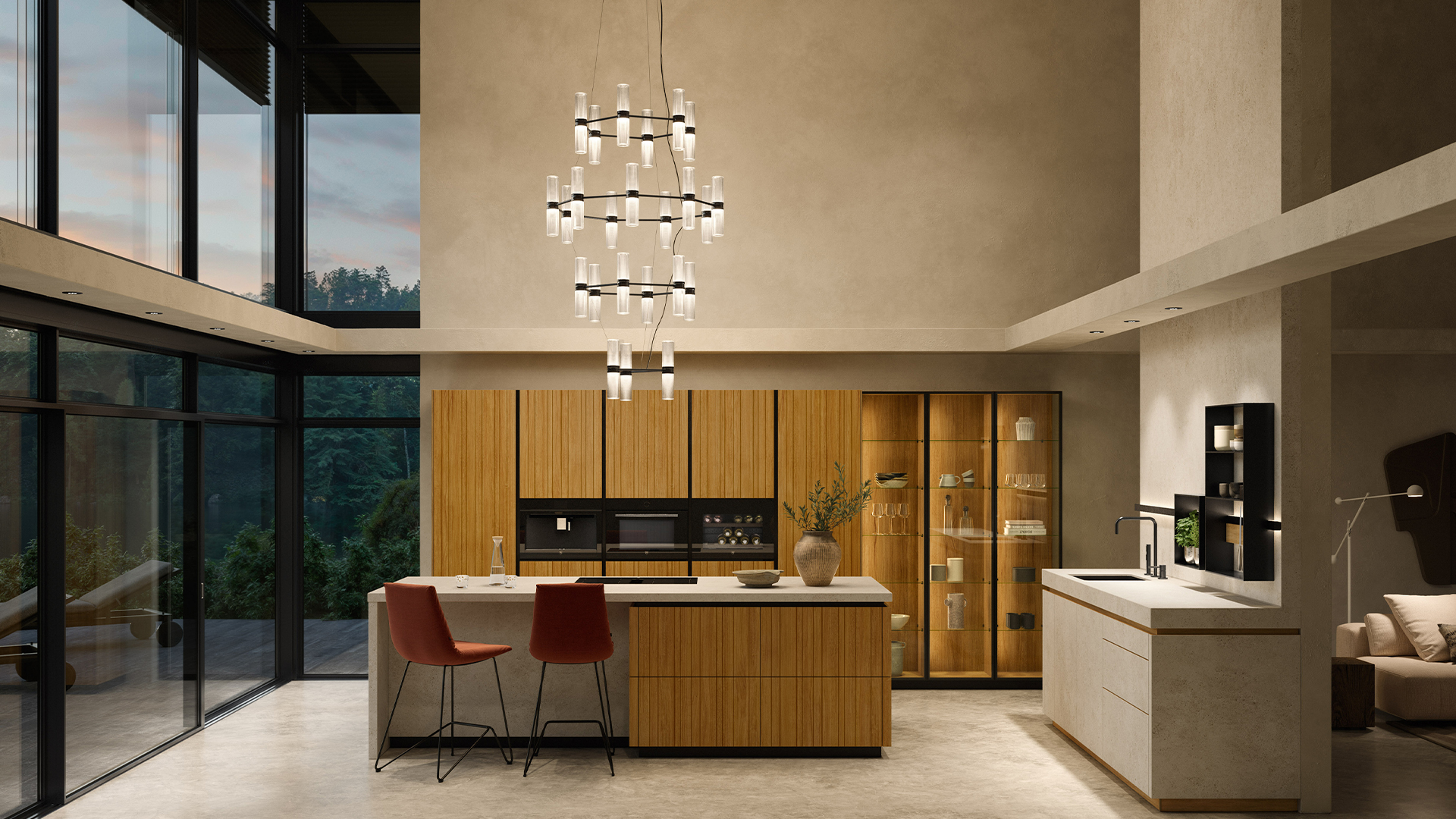 Lampadario Artemide Zephyr: struttura metallica nera a più livelli con diffusori cilindrici in vetro disposti radialmente su cinque piani