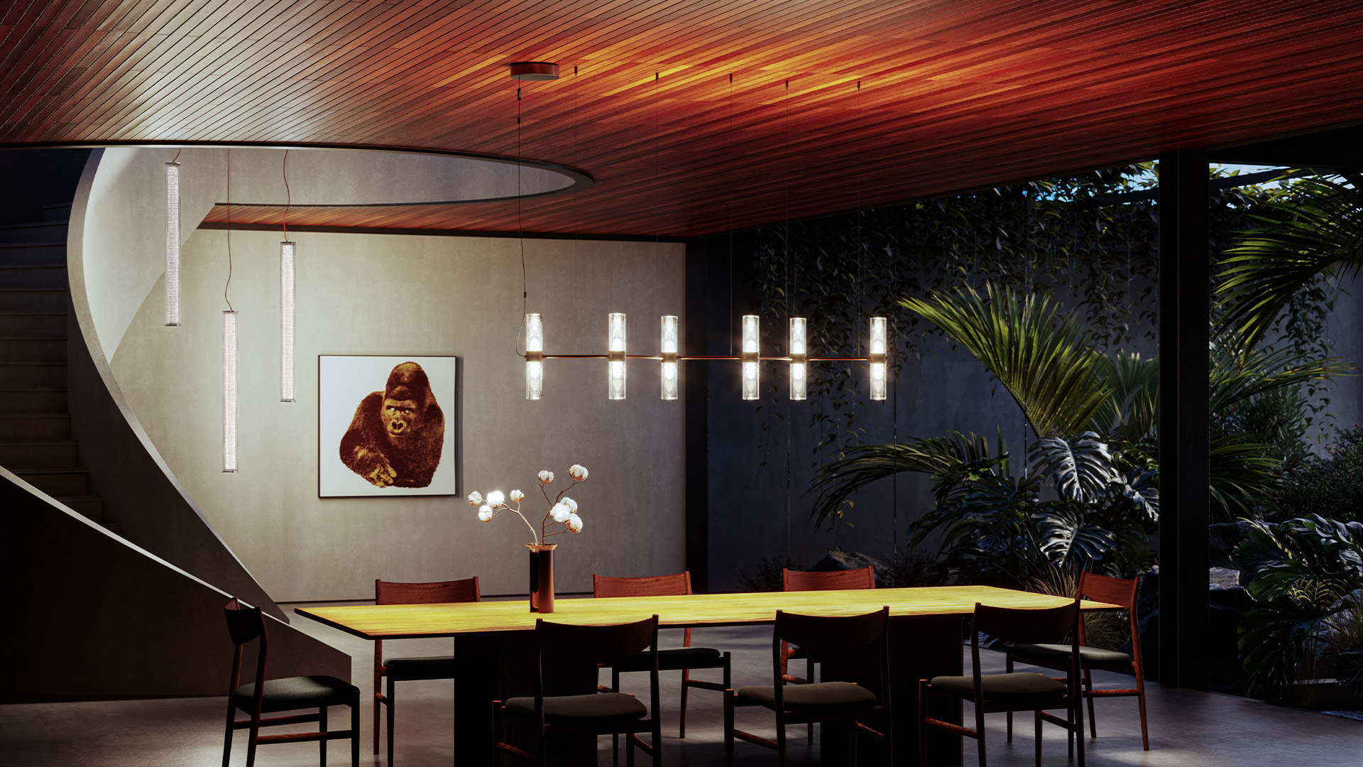 Lampadario Artemide Zephyr: struttura rettangolare nera con otto cilindri verticali in vetro costolato disposti simmetricamente